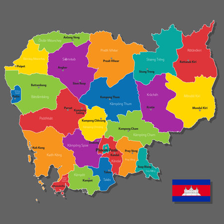 Vector map of Cambodia with names of cities and with borders cityのイラスト素材