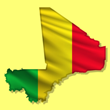 Waving vector abstract flag of Mali in map shape with shadowのイラスト素材
