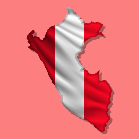 Waving vector abstract flag of Peru in map shape with shadowのイラスト素材