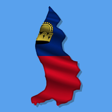 Waving vector abstract flag of Liechtenstein in map shape with shadowのイラスト素材