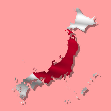 Waving vector abstract flag of Japan in map shape with shadowのイラスト素材