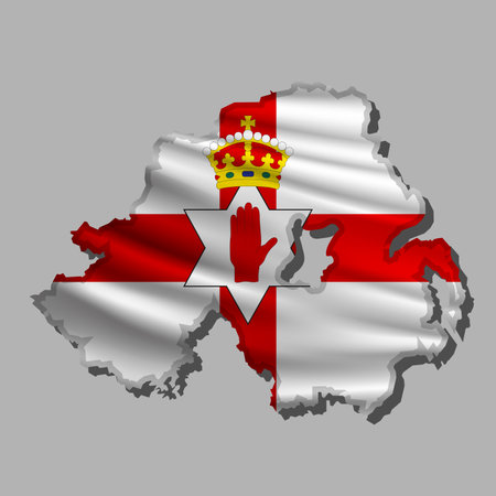 Waving vector abstract flag of Northern Ireland in map shape with shadowのイラスト素材