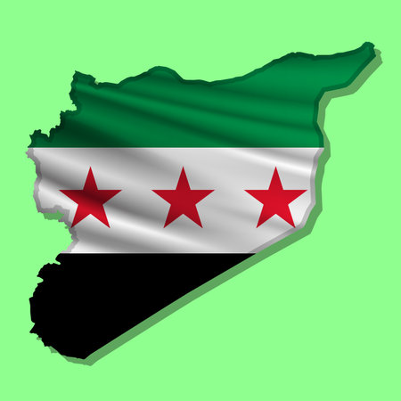Waving vector abstract flag of Syria in map shape with shadowのイラスト素材