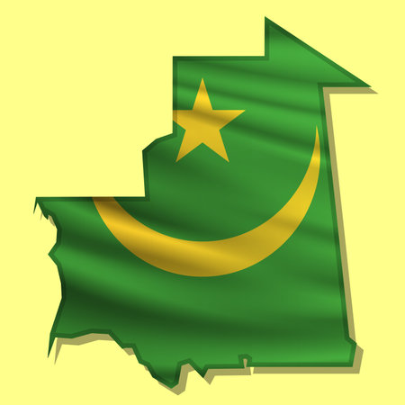 Waving vector abstract flag of Mauritania in map shape with shadowのイラスト素材