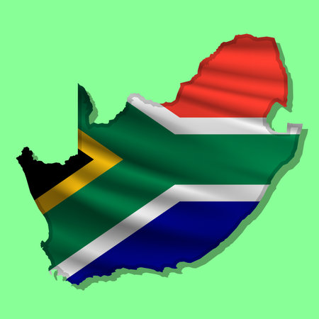Waving vector abstract flag of South Africa in map shape with shadowのイラスト素材