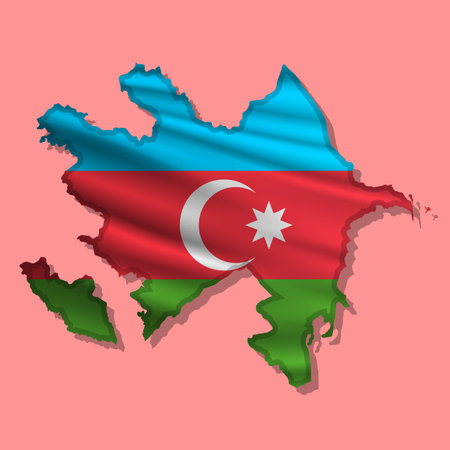 Waving vector abstract flag of Azerbaijan in map shape with shadowのイラスト素材