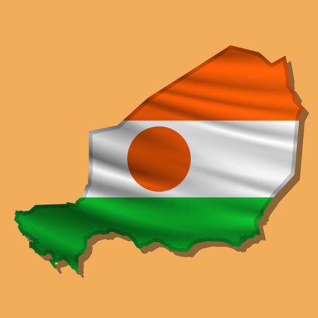 Waving vector abstract flag of Niger in map shape with shadowのイラスト素材