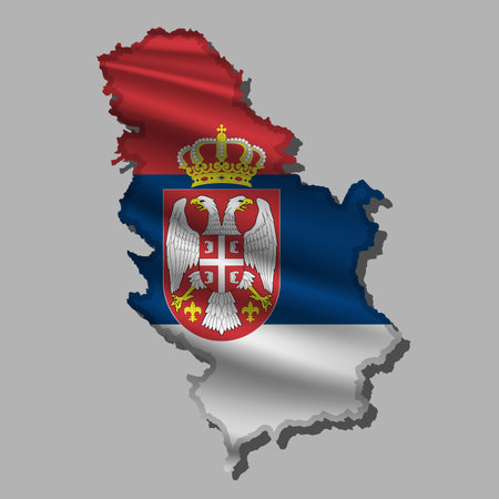 Waving vector abstract flag of Serbia in map shape with shadowのイラスト素材