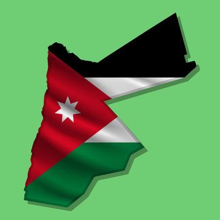 Waving vector abstract flag of Jordan in map shape with shadowのイラスト素材