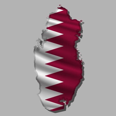 Waving vector abstract flag of Qatar in map shape with shadowのイラスト素材