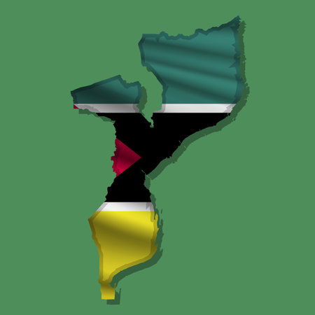 Waving vector abstract flag of Mozambique in map shape with shadowのイラスト素材
