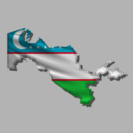 Waving vector abstract flag of Uzbekistan in map shape with shadowのイラスト素材