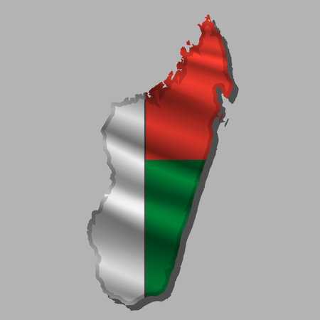 Waving vector abstract flag of Madagascar in map shape with shadowのイラスト素材