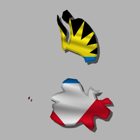 Waving vector abstract flag of Antigua and Barbuda in map shape with shadowのイラスト素材
