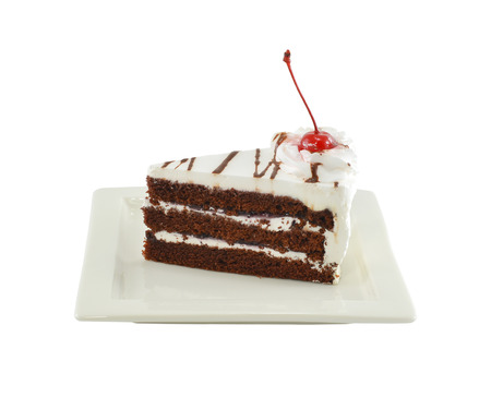 Black forest cake on white plateの写真素材