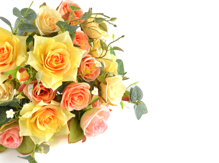 Rose, artificial flowers bouquet  isolated on whiteの写真素材