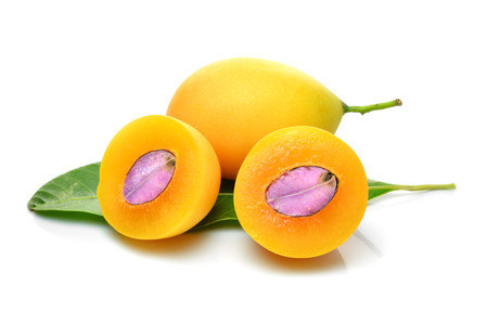 Closeup sweet Marian plum thai fruit isolated on white background (Mayongchid Maprang Marian Plum...
