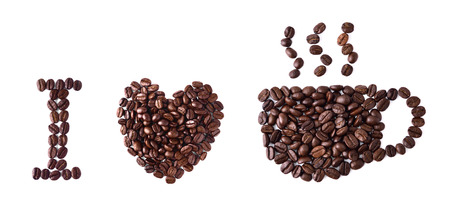 I love coffee  coffee beans in shape of massage  on whiteの写真素材