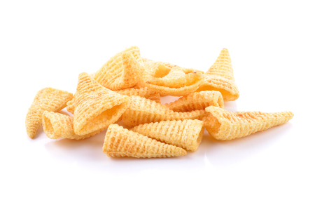 Crunchy corn snacks on a white backgroundの写真素材