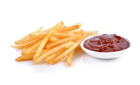 french fries with tomato sauce on a white background
