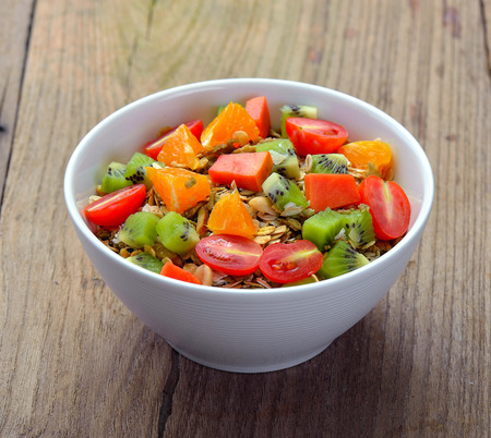Breakfast cereal in white bowlの写真素材
