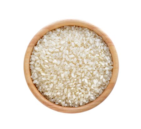 Japanese rice in wooden bowl isolate on whiteの写真素材