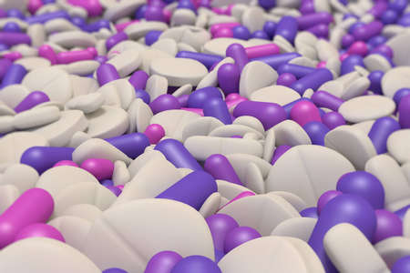 close-up view of many different colorful drugs in purple and whiteの写真素材