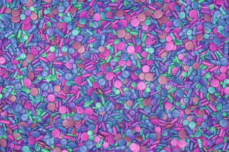 top view of many different drugs in blue and pinkの写真素材