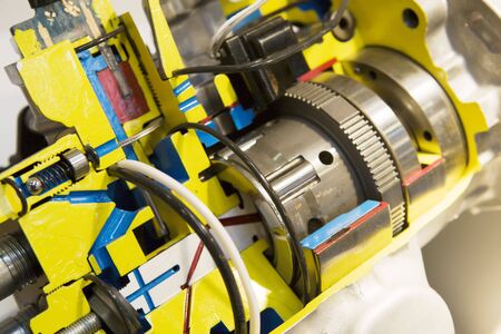Opened electric motor with transmission close up view
