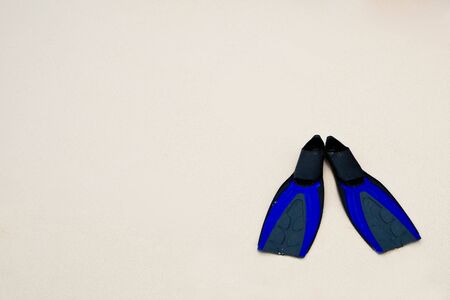 two blue flippers on the white sand beach before blue oceanの写真素材