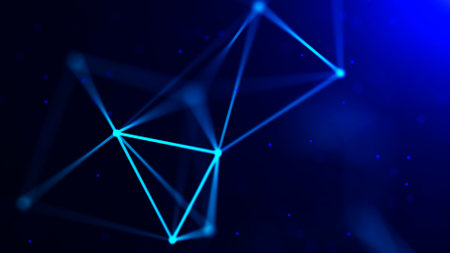 Abstract blue futuristic background. Network data connect with lines and dots. Science space wallpaper. 3D rendering.の写真素材
