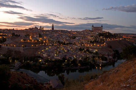 Toledo at dusk, with river, Spainの写真素材
