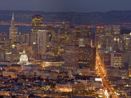 San Francisco's Financial District lights at night, view from twin Peaksの写真素材
