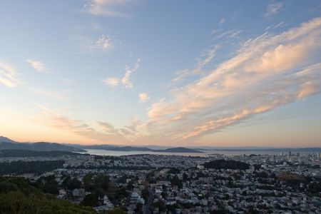 View of San Francisco Twin Peaks With Pink Sky looking Northの写真素材