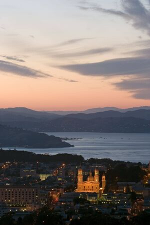 Church with Bay and Sunset in the backgroundの写真素材