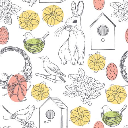 Vector pattern with Easter Bunny and spring flowers. Sketch    illustration.のイラスト素材