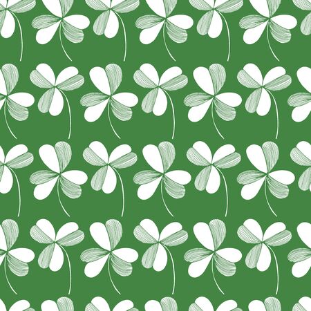 Saint Patrick's Day vector seamless pattern with green clover on white background. Sketch illustrationのイラスト素材