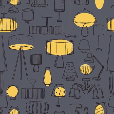 Lighting in the house. Chandeliers, floor lamps and lamps. Vector  seamless pattern.のイラスト素材
