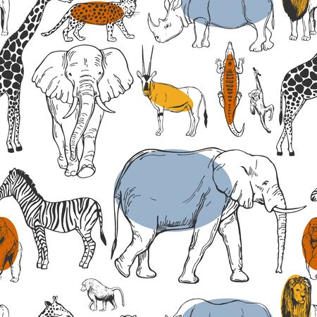 Hand drawn african animals and birds on white background. Vector seamless pattern.のイラスト素材