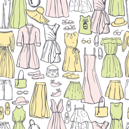 Summer fashion. Hand drawn women's clothing and shoes. Vector seamless pattern.の写真素材