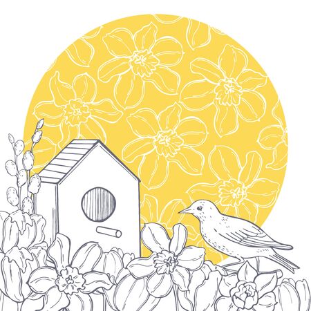 Spring background with  hand drawn bird and flowers.  Vector sketch  illustration.のイラスト素材