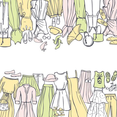 Summer fashion. Hand drawn women's clothing and shoes. Vector background. Sketch  illustration.のイラスト素材