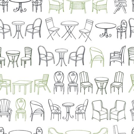 Hand drawn garden furniture.  Tables and chairs. Vector seamless pattern.のイラスト素材