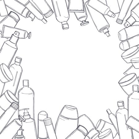 Vector background with hand drawn cosmetic bottles. Sketch illustration.のイラスト素材