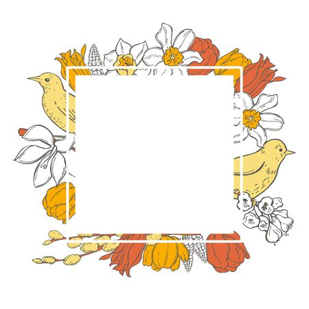 Vector frame with hand drawn spring flowers and birds. Sketch  illustration.のイラスト素材