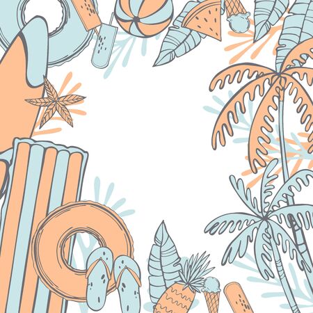 Summer beach background. Items for swimming on the water. Vector sketch illustration.のイラスト素材