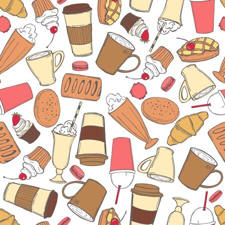 Coffee drinks, milkshakes and desserts. Vector seamless pattern.のイラスト素材
