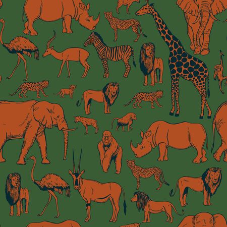 Hand drawn african animals and birds on white background. Vector seamless pattern.のイラスト素材