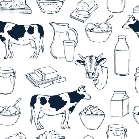Milk food. Butter, cheese, sour cream, yogurt and cream on a white background. Vector seamless pattern.のイラスト素材