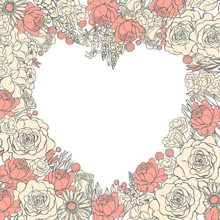 Floral wedding background  with hand drawn flowers and leaves .  Flower heart for valentines day.Vector sketch  illustration.のイラスト素材